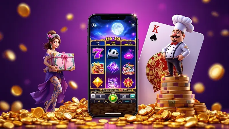 Layar slot digital dengan reel dan panel permainan